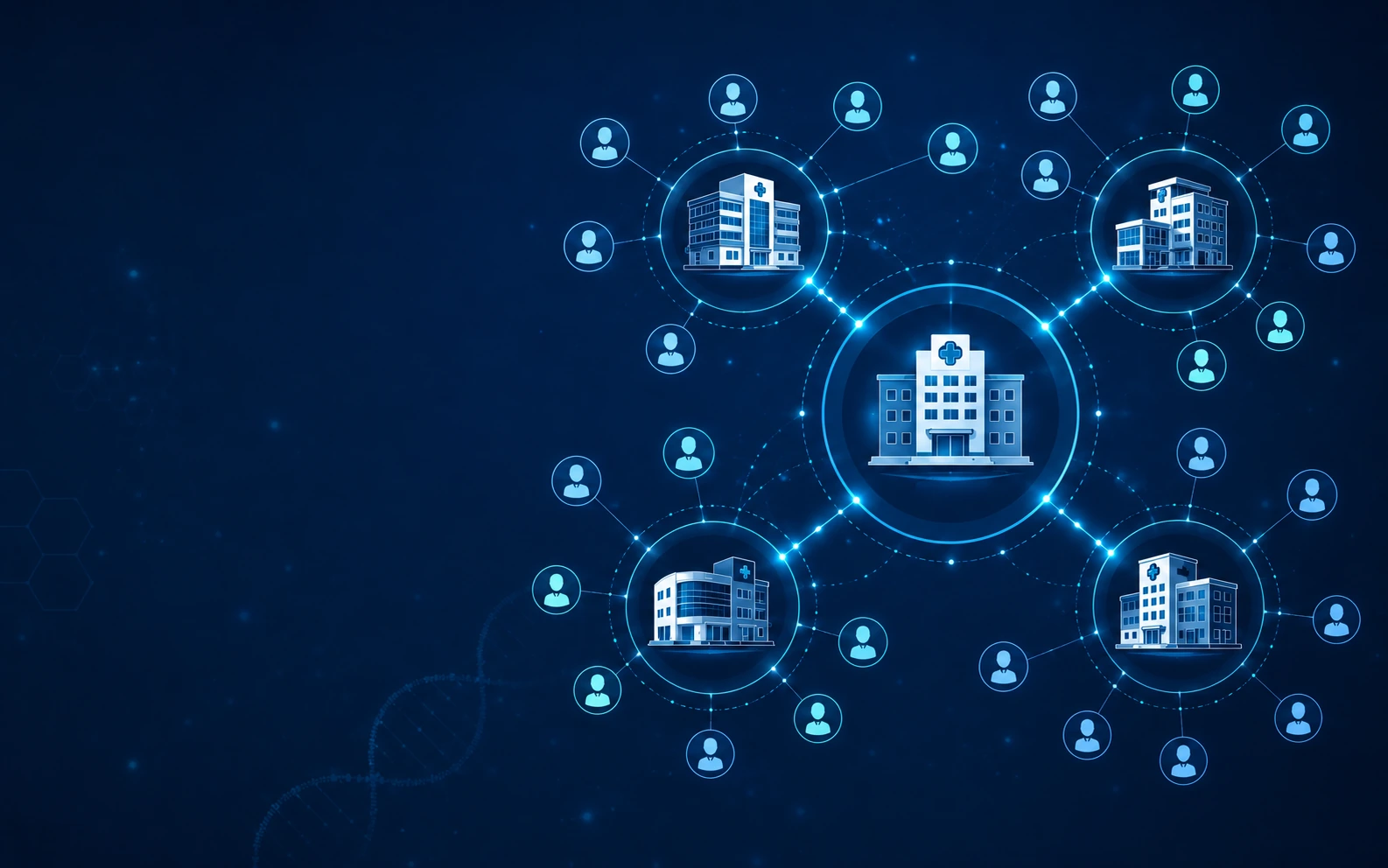 Futuristic healthcare organization and provider network illustration used as the Global Healthcare Brand case study background