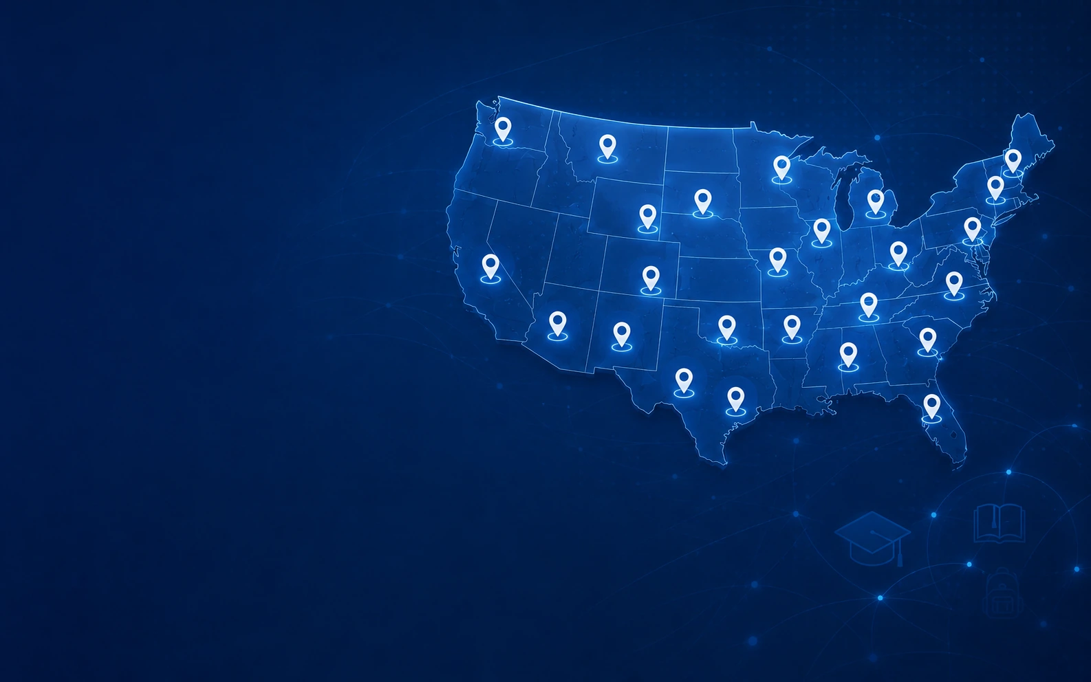 Illustrative U.S. map with location pins representing school districts, used as the Microsoft Education case study background